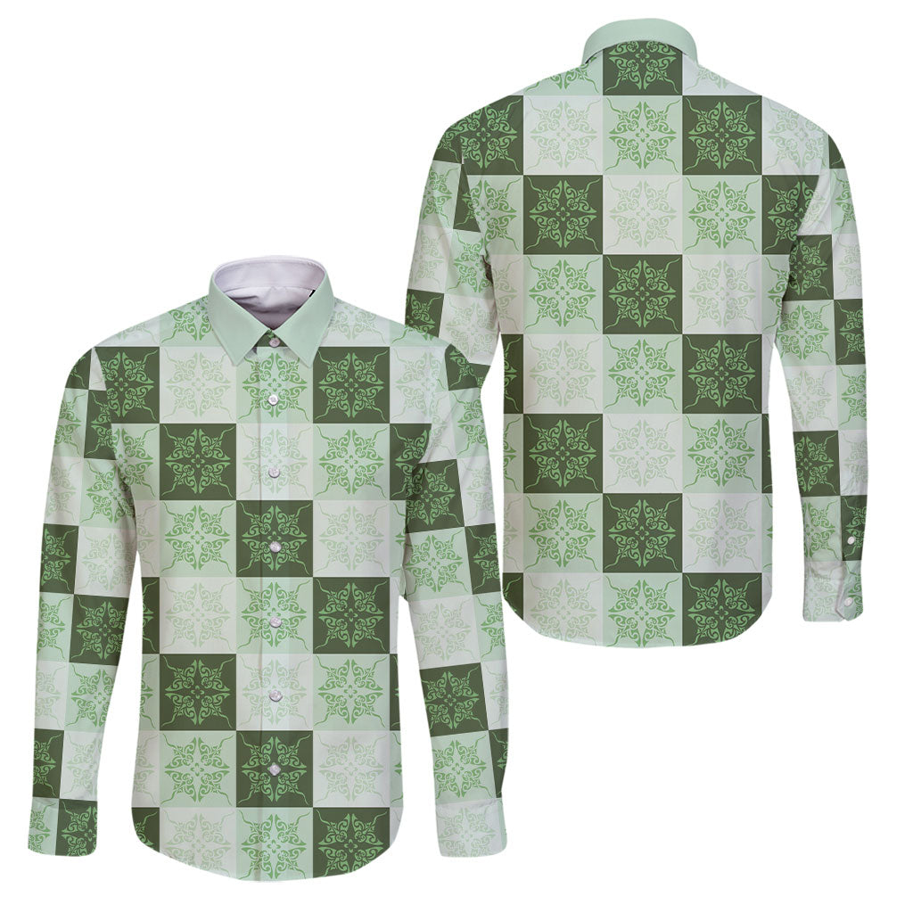 Sage Green Manta Ray Hawaiian Quilt Motif Family Matching Long Sleeve Bodycon Dress and Hawaiian Shirt