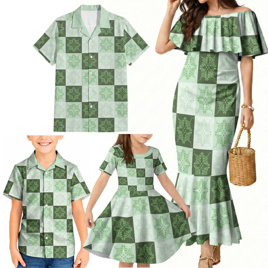 Sage Green Manta Ray Hawaiian Quilt Motif Family Matching Mermaid Dress and Hawaiian Shirt LT05 - Polynesian Pride