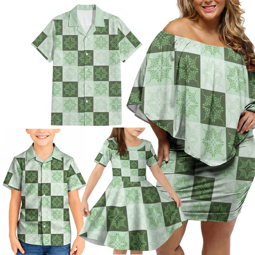 Sage Green Manta Ray Hawaiian Quilt Motif Family Matching Off Shoulder Short Dress and Hawaiian Shirt LT05 - Polynesian Pride