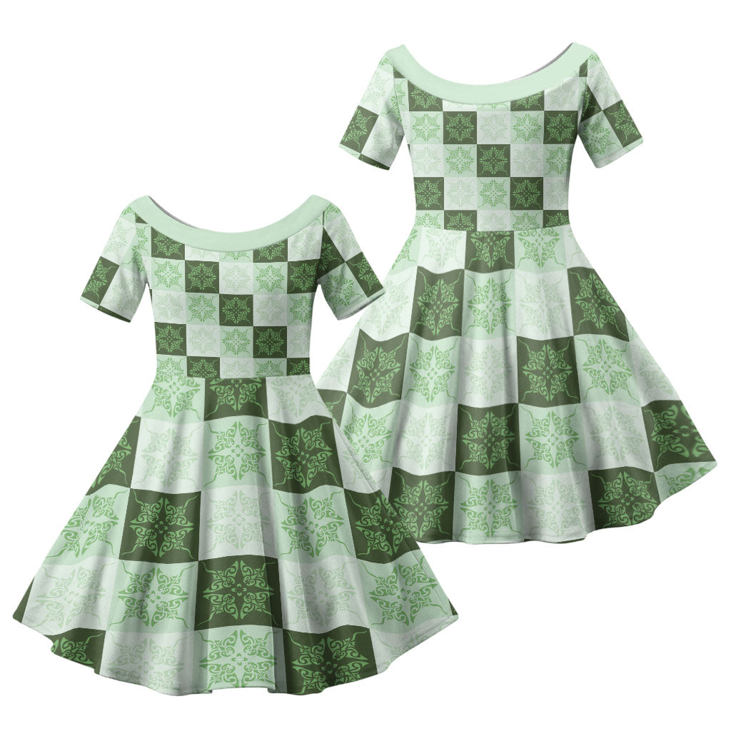Sage Green Manta Ray Hawaiian Quilt Motif Family Matching Puletasi and Hawaiian Shirt