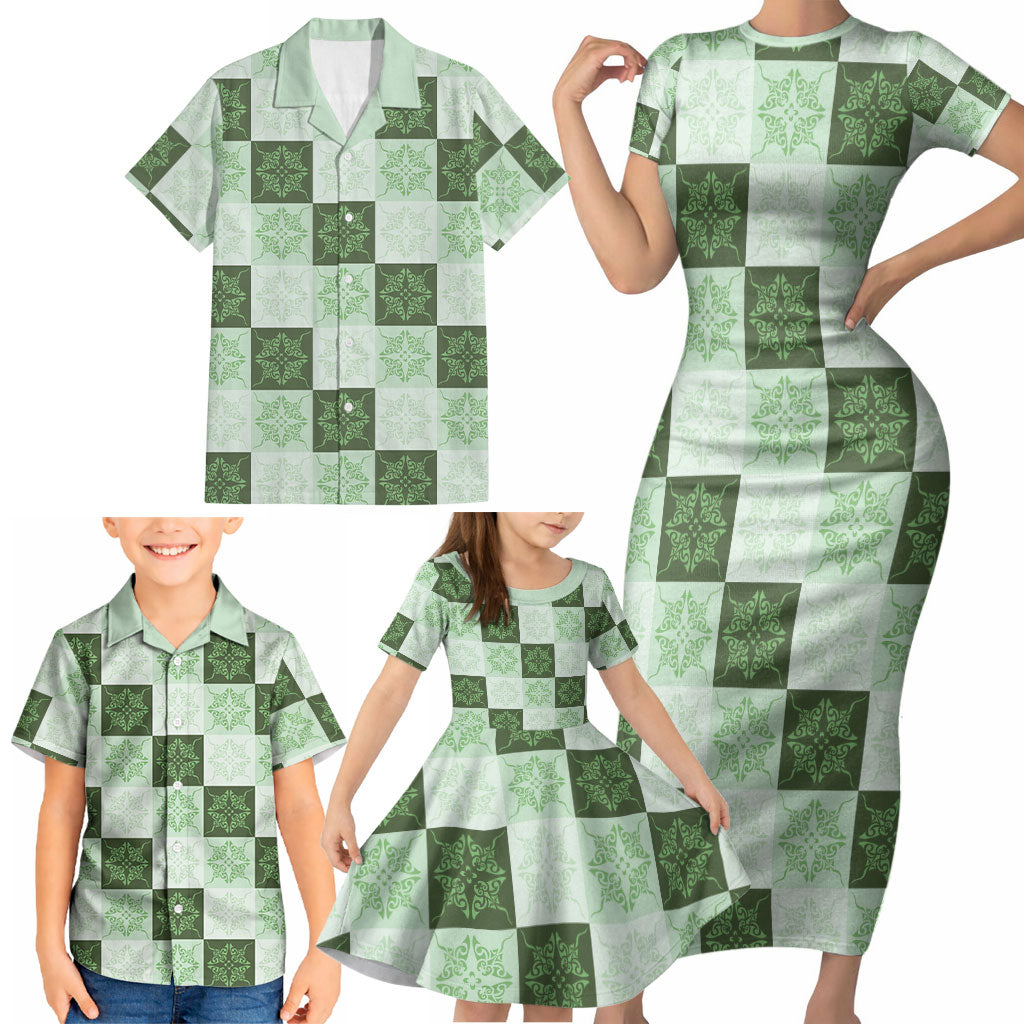 Sage Green Manta Ray Hawaiian Quilt Motif Family Matching Short Sleeve Bodycon Dress and Hawaiian Shirt