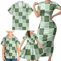 Sage Green Manta Ray Hawaiian Quilt Motif Family Matching Short Sleeve Bodycon Dress and Hawaiian Shirt