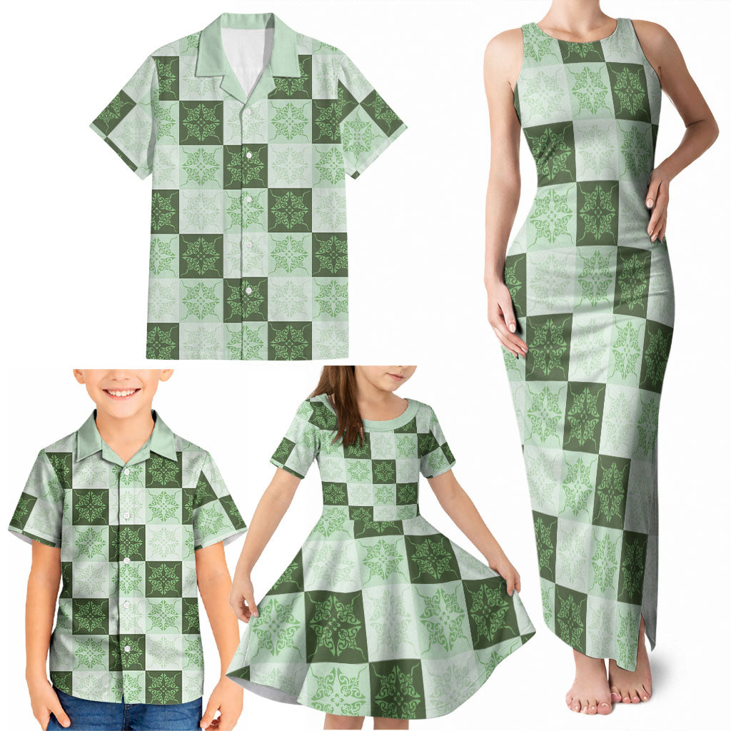 Sage Green Manta Ray Hawaiian Quilt Motif Family Matching Tank Maxi Dress and Hawaiian Shirt LT05 - Polynesian Pride