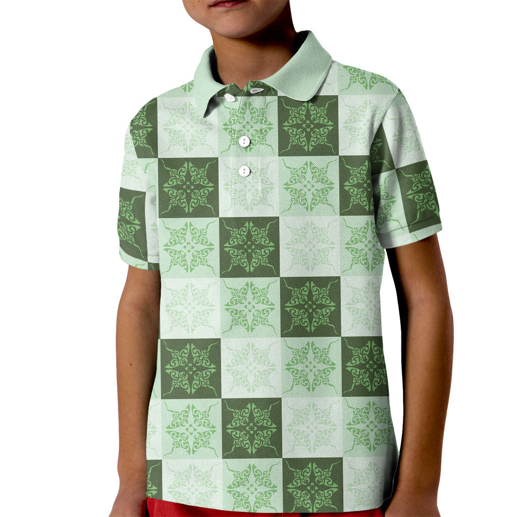 Sage Green Manta Ray Hawaiian Quilt Motif Kid Polo Shirt