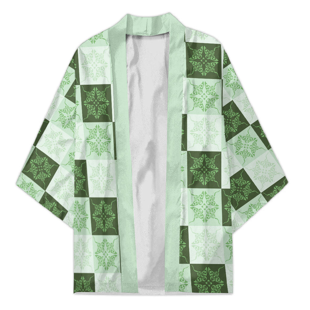 Sage Green Manta Ray Hawaiian Quilt Motif Kimono LT05 Unisex Green - Polynesian Pride