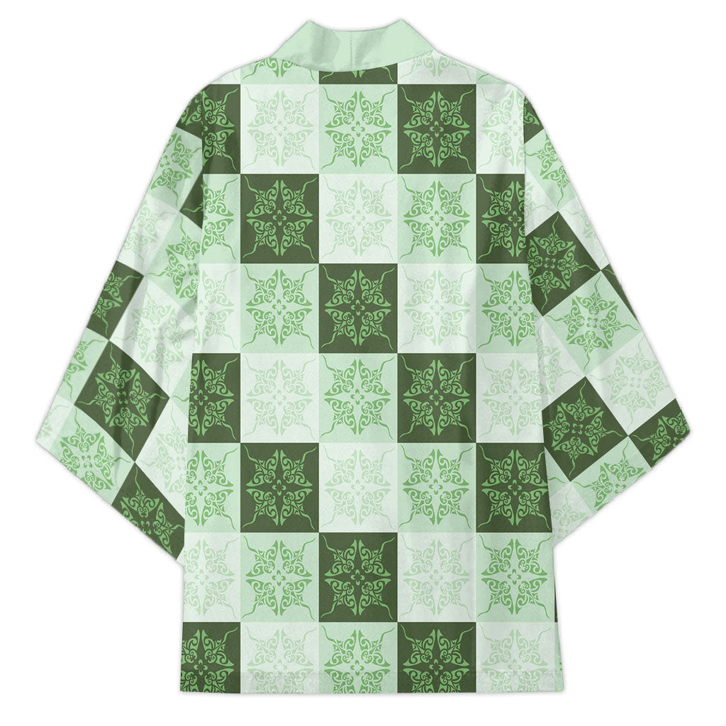 Sage Green Manta Ray Hawaiian Quilt Motif Kimono
