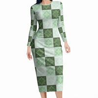 Sage Green Manta Ray Hawaiian Quilt Motif Long Sleeve Bodycon Dress