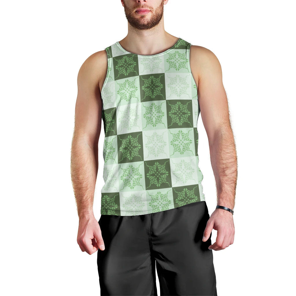 Sage Green Manta Ray Hawaiian Quilt Motif Men Tank Top