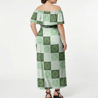 Sage Green Manta Ray Hawaiian Quilt Motif Off Shoulder Maxi Dress