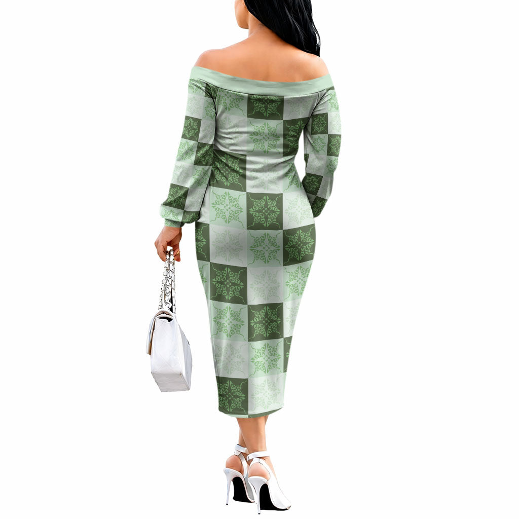 Sage Green Manta Ray Hawaiian Quilt Motif Off The Shoulder Long Sleeve Dress