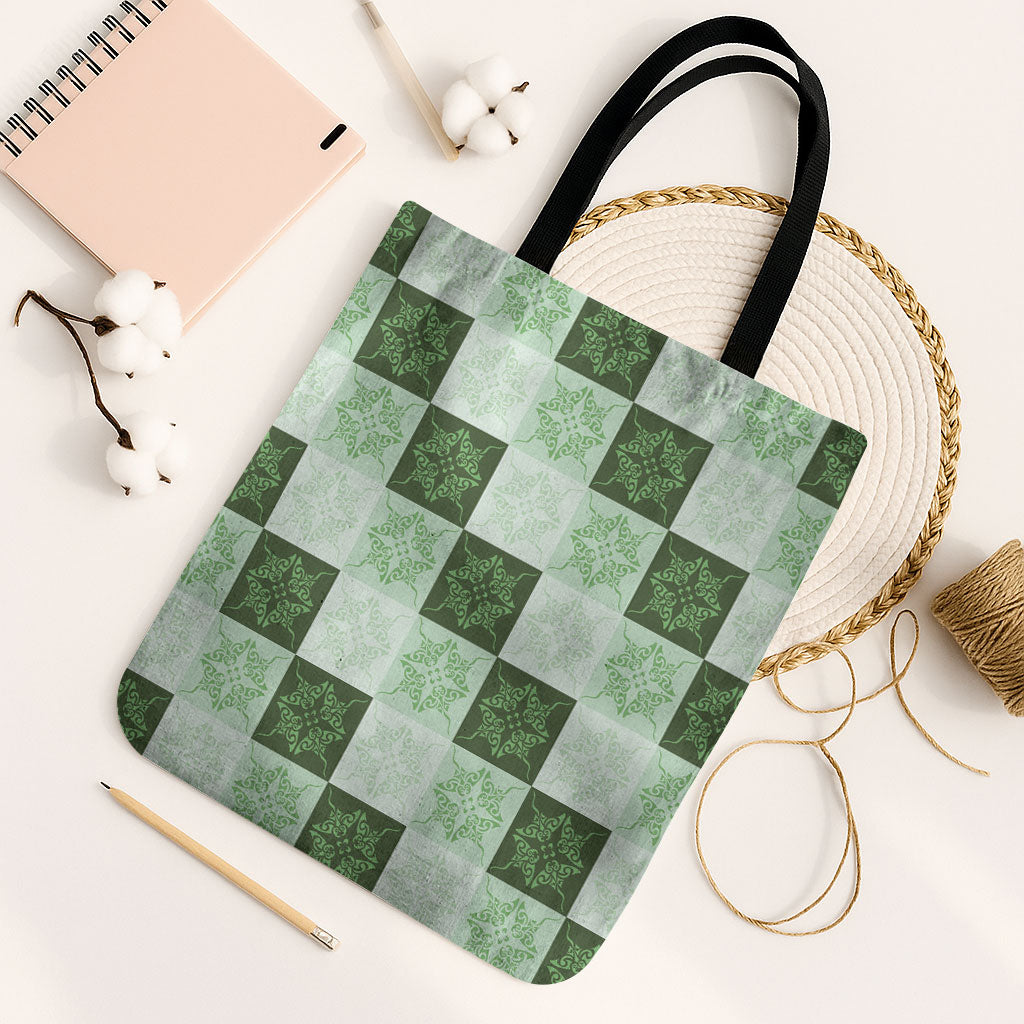 Sage Green Manta Ray Hawaiian Quilt Motif Tote Bag LT05 Black Strap One Size Green - Polynesian Pride
