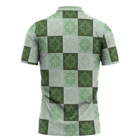 Sage Green Manta Ray Hawaiian Quilt Motif Zipper Polo Shirt