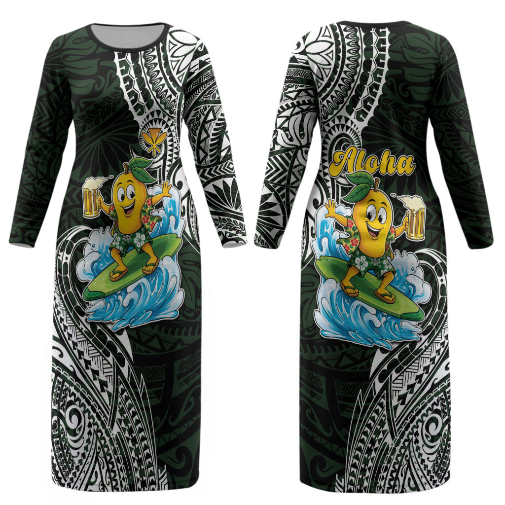 Aloha Hawaii Mango Surfing Couples Matching Long Sleeve Bodycon Dress and Long Sleeve Button Shirt Polynesian Style