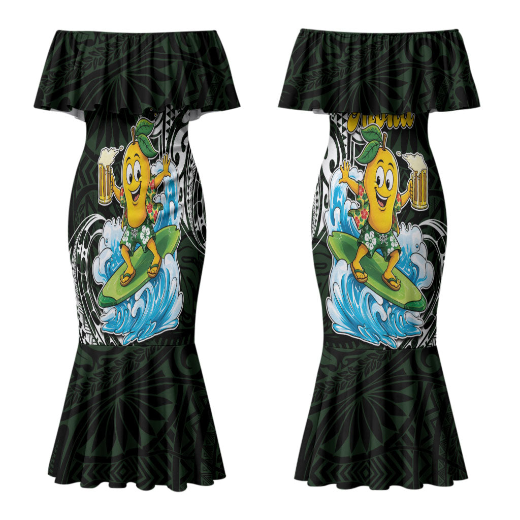 Aloha Hawaii Mango Surfing Couples Matching Mermaid Dress and Long Sleeve Button Shirt Polynesian Style