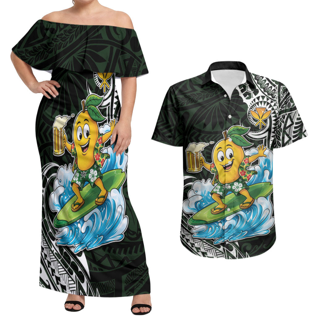 Aloha Hawaii Mango Surfing Couples Matching Off Shoulder Maxi Dress and Hawaiian Shirt Polynesian Style