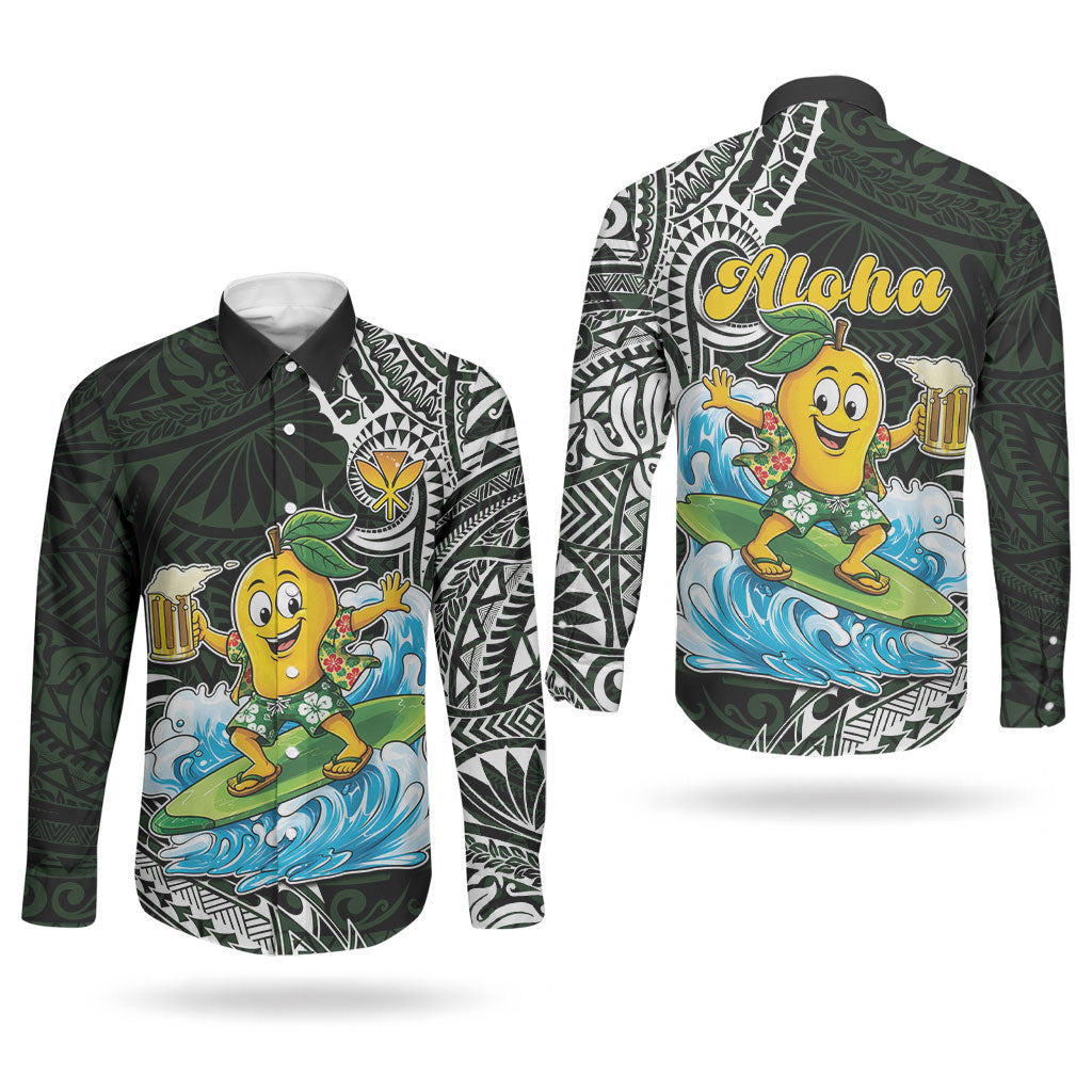 Aloha Hawaii Mango Surfing Couples Matching Puletasi and Long Sleeve Button Shirt Polynesian Style