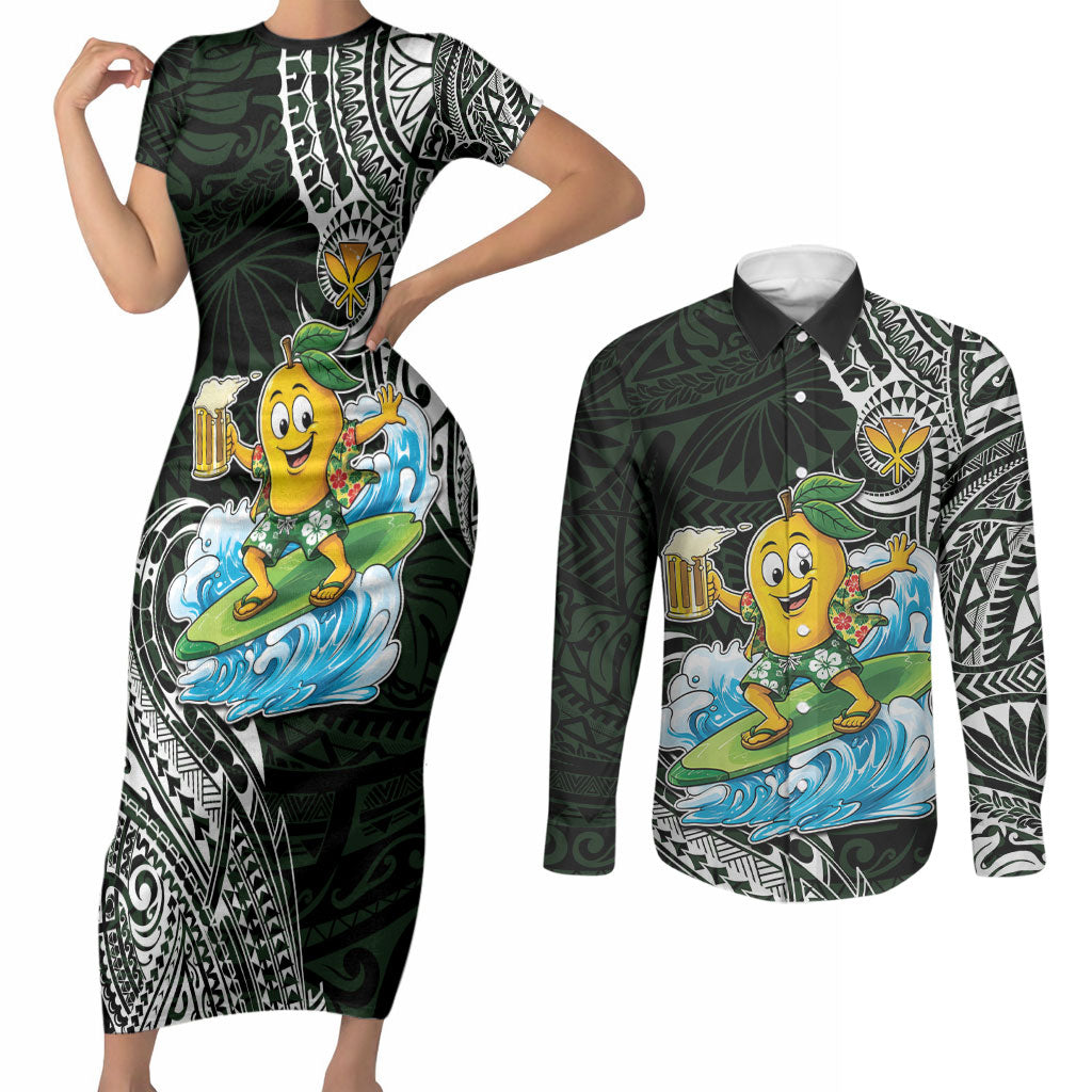Aloha Hawaii Mango Surfing Couples Matching Short Sleeve Bodycon Dress and Long Sleeve Button Shirt Polynesian Style