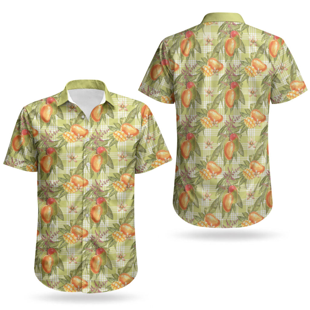 Vintage Hawaii Mango Couples Matching Off Shoulder Maxi Dress and Hawaiian Shirt Yellow Green Hawaiian Palaka