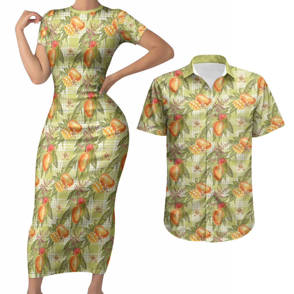Vintage Hawaii Mango Couples Matching Short Sleeve Bodycon Dress and Hawaiian Shirt Yellow Green Hawaiian Palaka