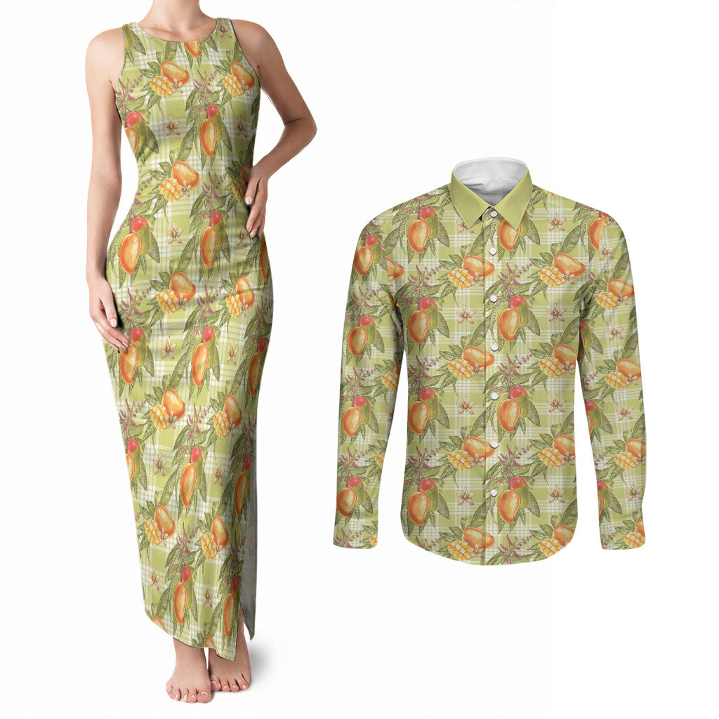 Vintage Hawaii Mango Couples Matching Tank Maxi Dress and Long Sleeve Button Shirt Yellow Green Hawaiian Palaka