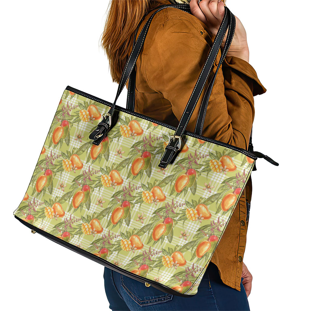 Vintage Hawaii Mango Leather Tote Bag Yellow Green Hawaiian Palaka