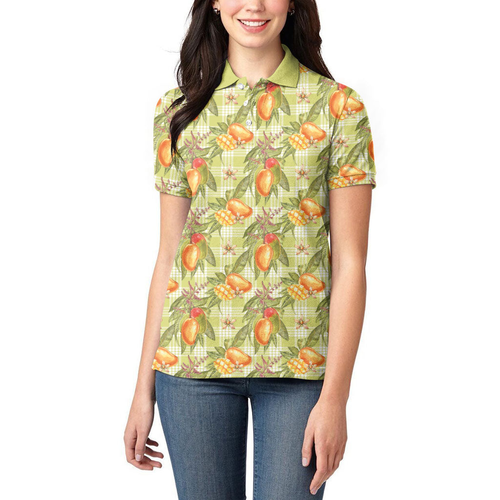 Vintage Hawaii Mango Women Polo Shirt Yellow Green Hawaiian Palaka