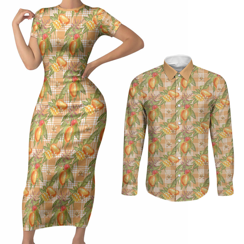 Vintage Hawaii Mango Couples Matching Short Sleeve Bodycon Dress and Long Sleeve Button Shirt Coral Hawaiian Palaka