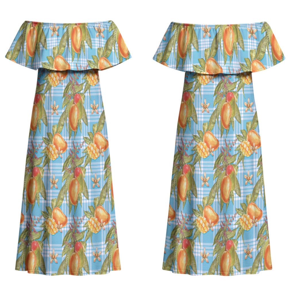 Vintage Hawaii Mango Couples Matching Off Shoulder Maxi Dress and Long Sleeve Button Shirt Blue Hawaiian Palaka