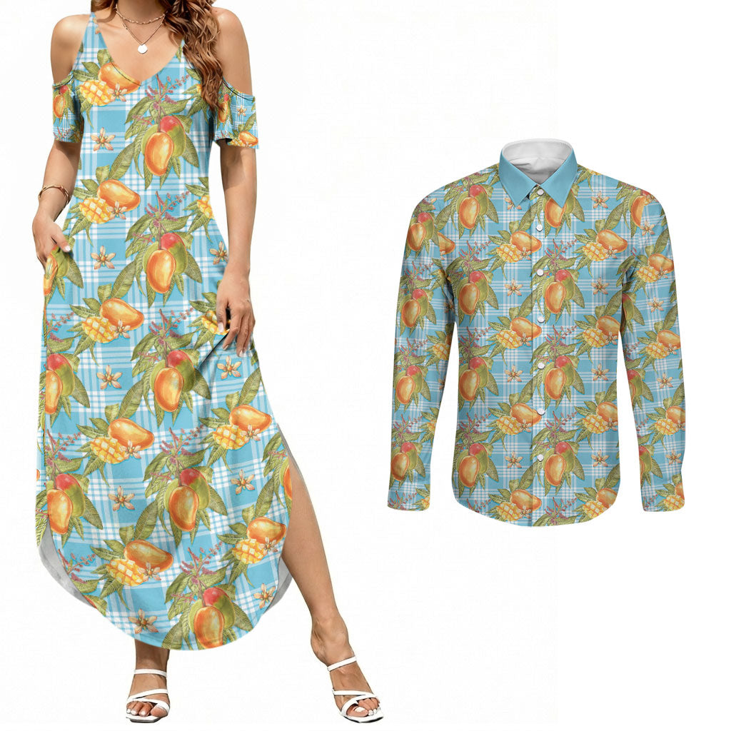 Vintage Hawaii Mango Couples Matching Summer Maxi Dress and Long Sleeve Button Shirt Blue Hawaiian Palaka