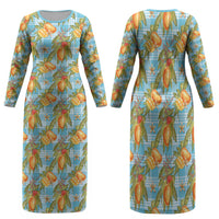 Vintage Hawaii Mango Family Matching Long Sleeve Bodycon Dress and Hawaiian Shirt Blue Hawaiian Palaka