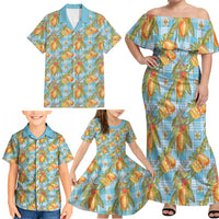 Vintage Hawaii Mango Family Matching Off Shoulder Maxi Dress and Hawaiian Shirt Blue Hawaiian Palaka