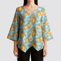 Vintage Hawaii Mango Kimono Sleeve Blouse Blue Hawaiian Palaka