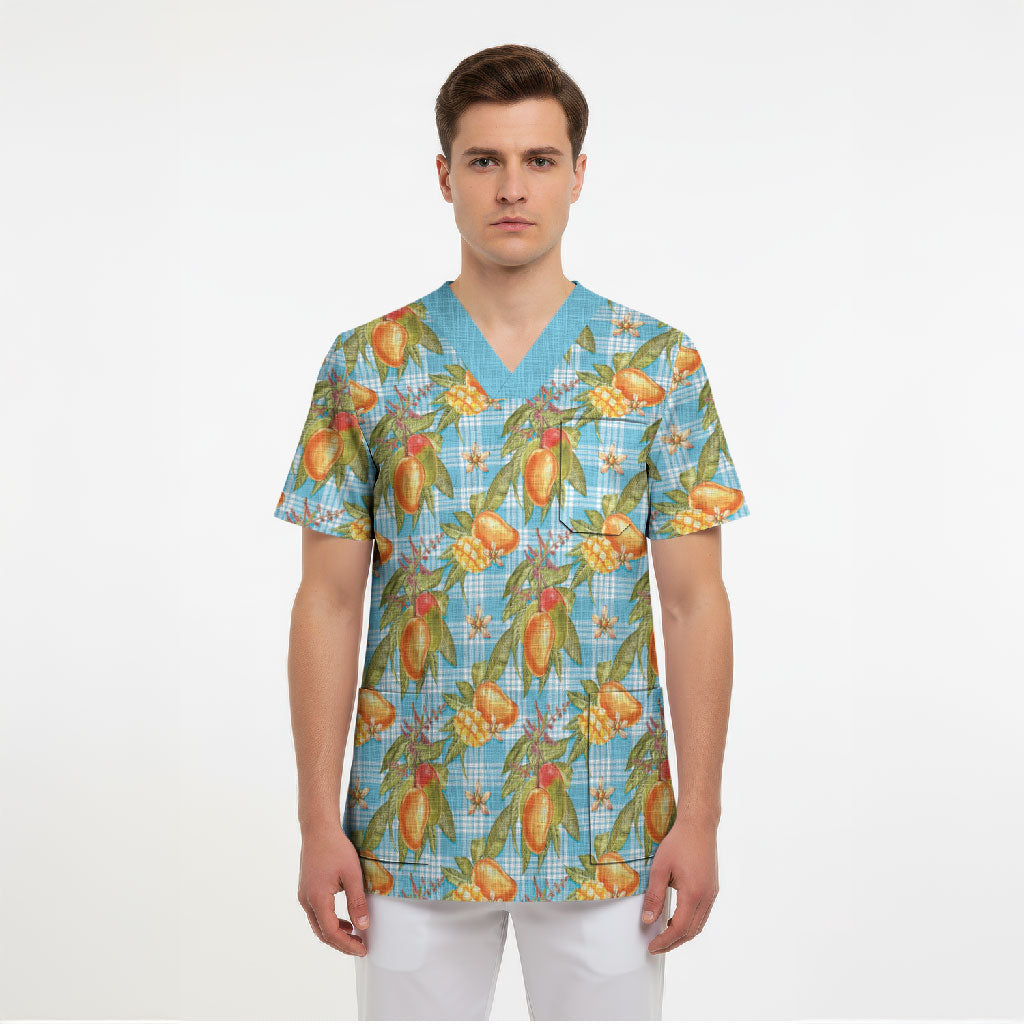 Vintage Hawaii Mango Scrub Top Blue Hawaiian Palaka