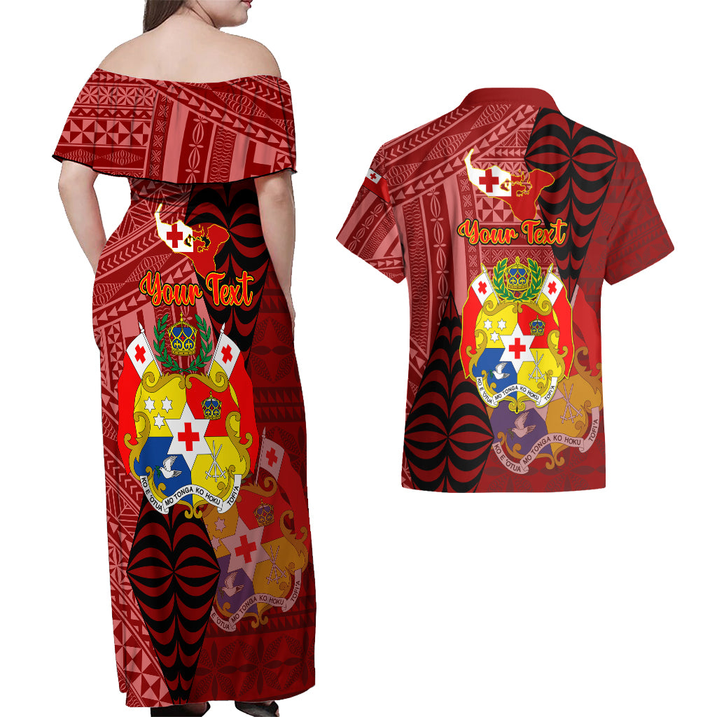 Personalized Tonga Couples Matching Off Shoulder Maxi Dress and Hawaiian Shirt Coat Of Arms Tongatapu With Ngatu Pattern LT05 - Polynesian Pride