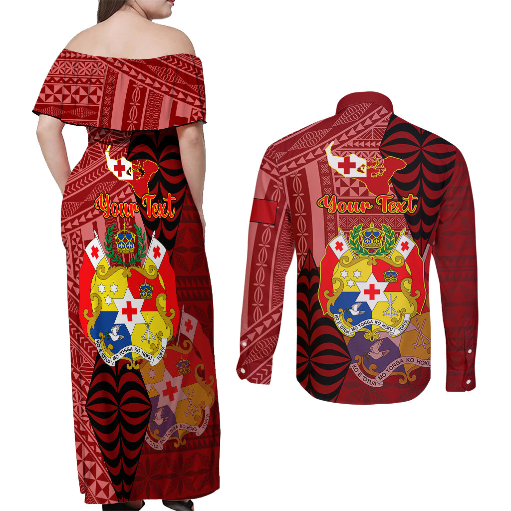 Personalized Tonga Couples Matching Off Shoulder Maxi Dress and Long Sleeve Button Shirts Coat Of Arms Tongatapu With Ngatu Pattern LT05 - Polynesian Pride