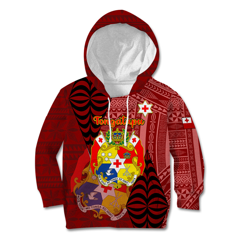 Personalized Tonga Kid Hoodie Coat Of Arms Tongatapu With Ngatu Pattern LT05 Hoodie Red - Polynesian Pride