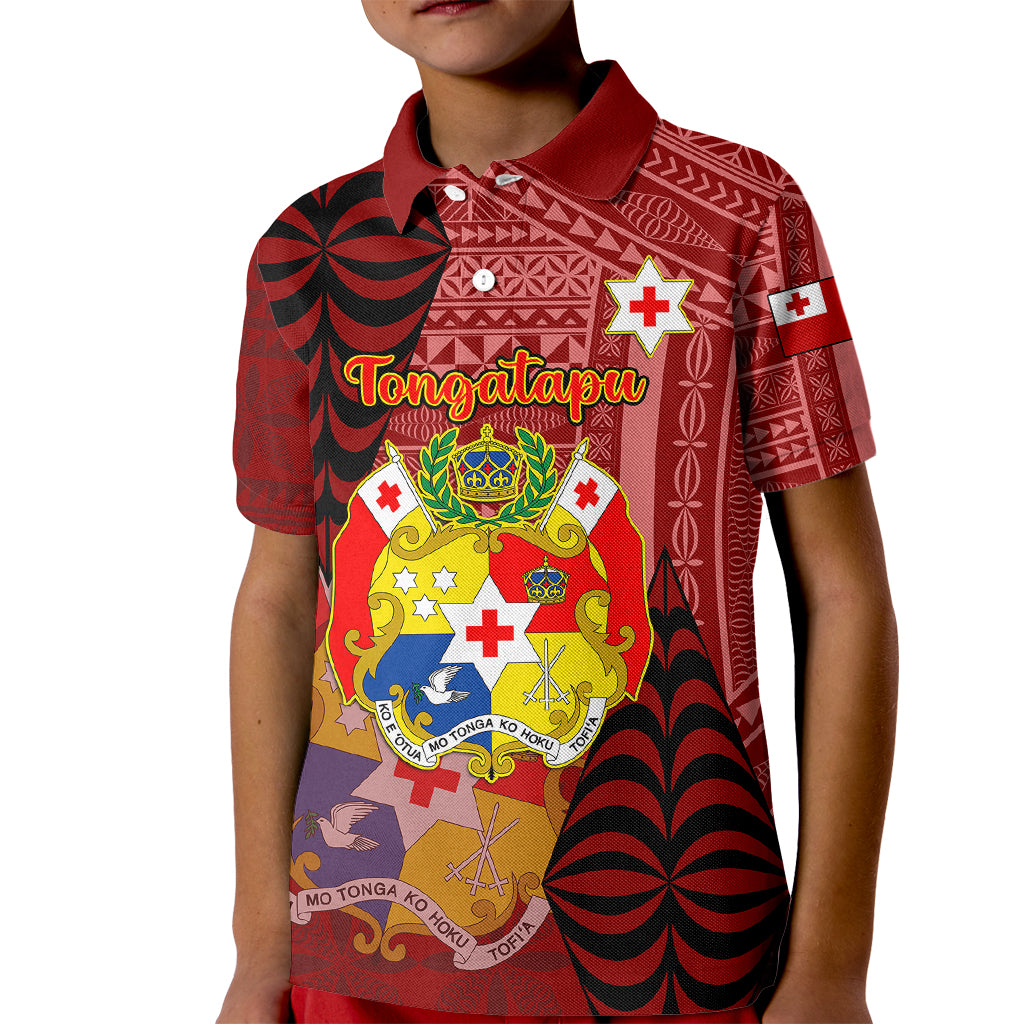Personalized Tonga Kid Polo Shirt Coat Of Arms Tongatapu With Ngatu Pattern LT05 Kid Red - Polynesian Pride