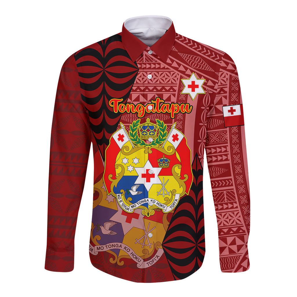 Personalized Tonga Long Sleeve Button Shirt Coat Of Arms Tongatapu With Ngatu Pattern LT05 Unisex Red - Polynesian Pride
