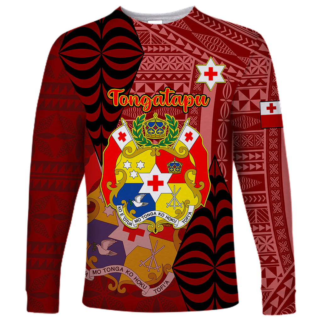 Personalized Tonga Long Sleeve Shirt Coat Of Arms Tongatapu With Ngatu Pattern LT05 Unisex Red - Polynesian Pride