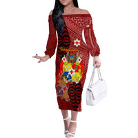 Personalized Tonga Off The Shoulder Long Sleeve Dress Coat Of Arms Tongatapu With Ngatu Pattern LT05 Women Red - Polynesian Pride