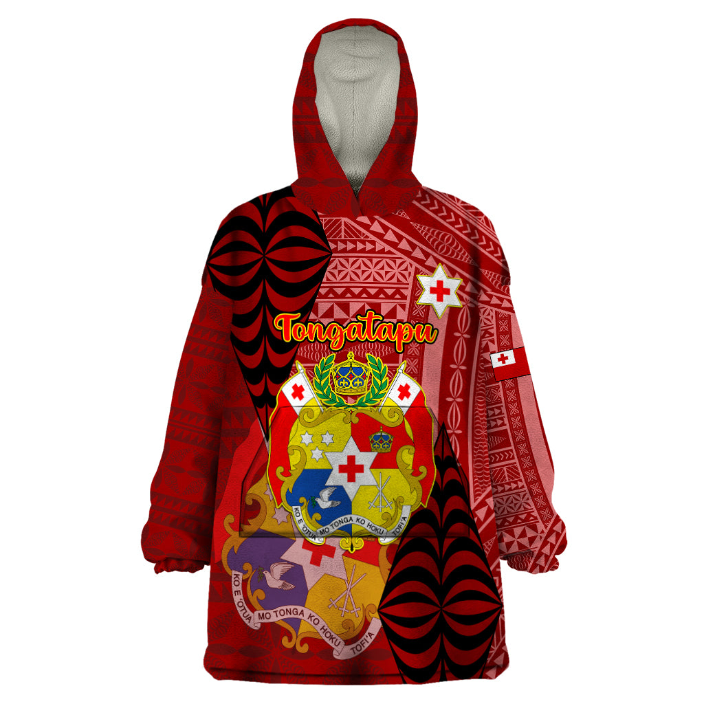 Personalized Tonga Wearable Blanket Hoodie Coat Of Arms Tongatapu With Ngatu Pattern LT05 One Size Red - Polynesian Pride