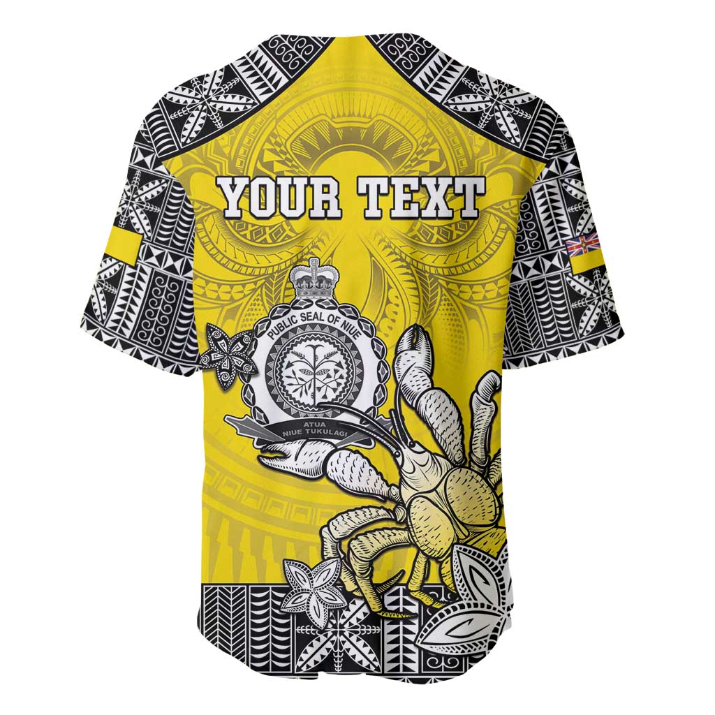 Personalised Happy Niue Constitution Day Baseball Jersey Niuean Crab Hiapo Pattern Yellow Version