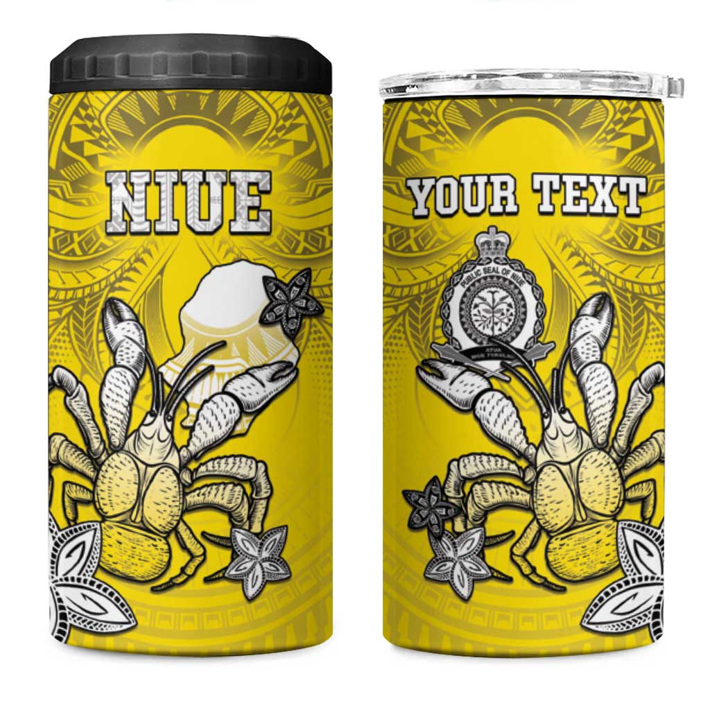 Personalised Happy Niue Constitution Day 4 in 1 Can Cooler Tumbler Niuean Crab Hiapo Pattern Yellow Version