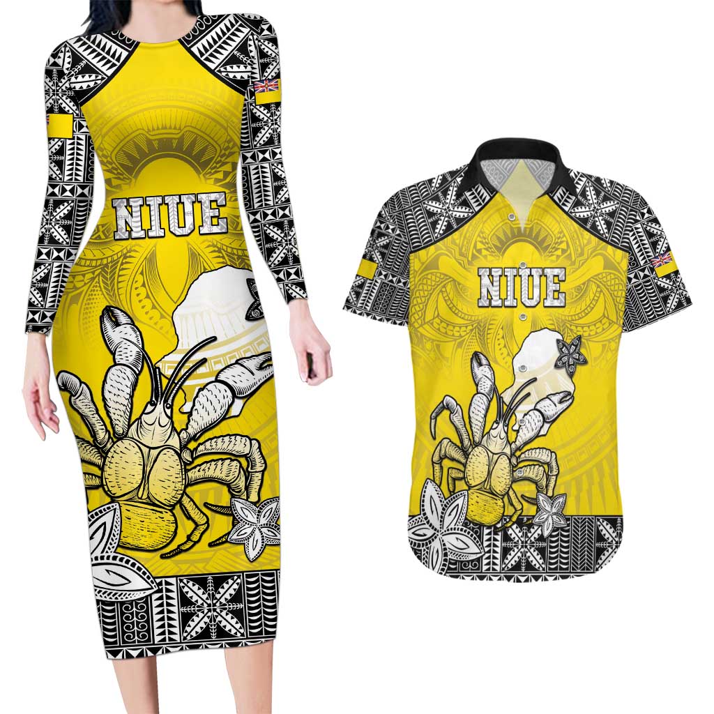 Personalised Happy Niue Constitution Day Couples Matching Long Sleeve Bodycon Dress and Hawaiian Shirt Niuean Crab Hiapo Pattern Yellow Version