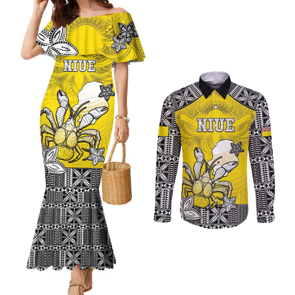 Personalised Happy Niue Constitution Day Couples Matching Mermaid Dress and Long Sleeve Button Shirt Niuean Crab Hiapo Pattern Yellow Version