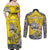 Personalised Happy Niue Constitution Day Couples Matching Off Shoulder Maxi Dress and Long Sleeve Button Shirt Niuean Crab Hiapo Pattern Yellow Version