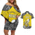 Personalised Happy Niue Constitution Day Couples Matching Off Shoulder Short Dress and Hawaiian Shirt Niuean Crab Hiapo Pattern Yellow Version