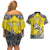 Personalised Happy Niue Constitution Day Couples Matching Off Shoulder Short Dress and Hawaiian Shirt Niuean Crab Hiapo Pattern Yellow Version