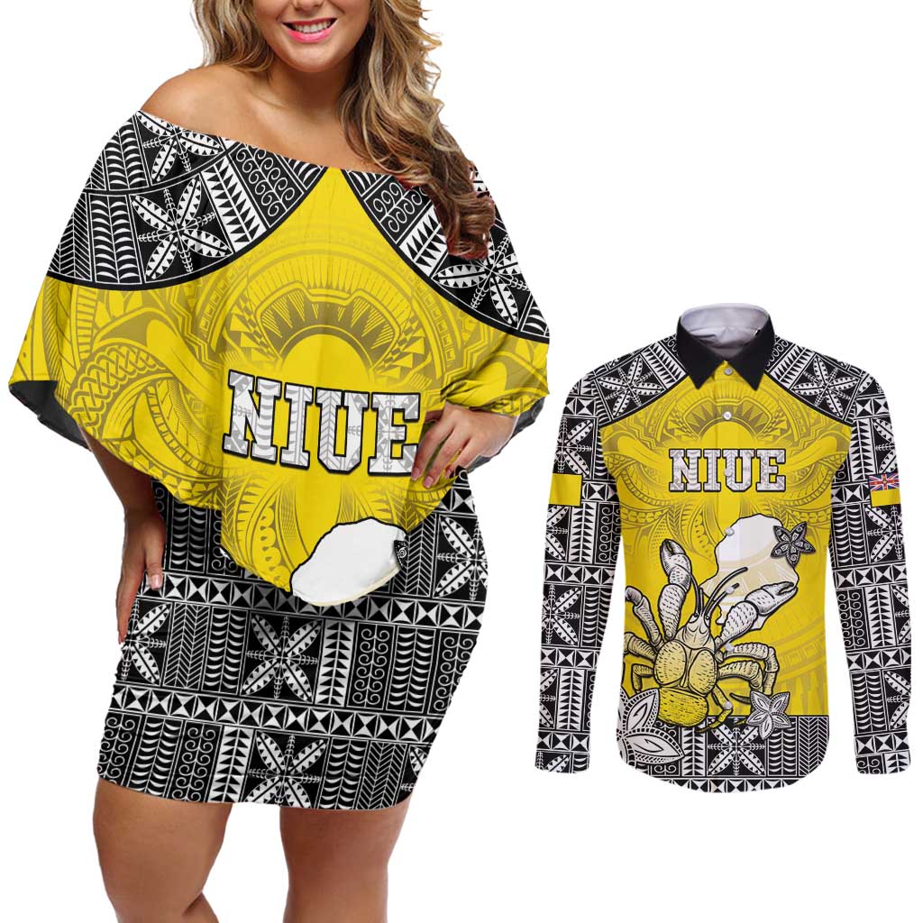 Personalised Happy Niue Constitution Day Couples Matching Off Shoulder Short Dress and Long Sleeve Button Shirt Niuean Crab Hiapo Pattern Yellow Version