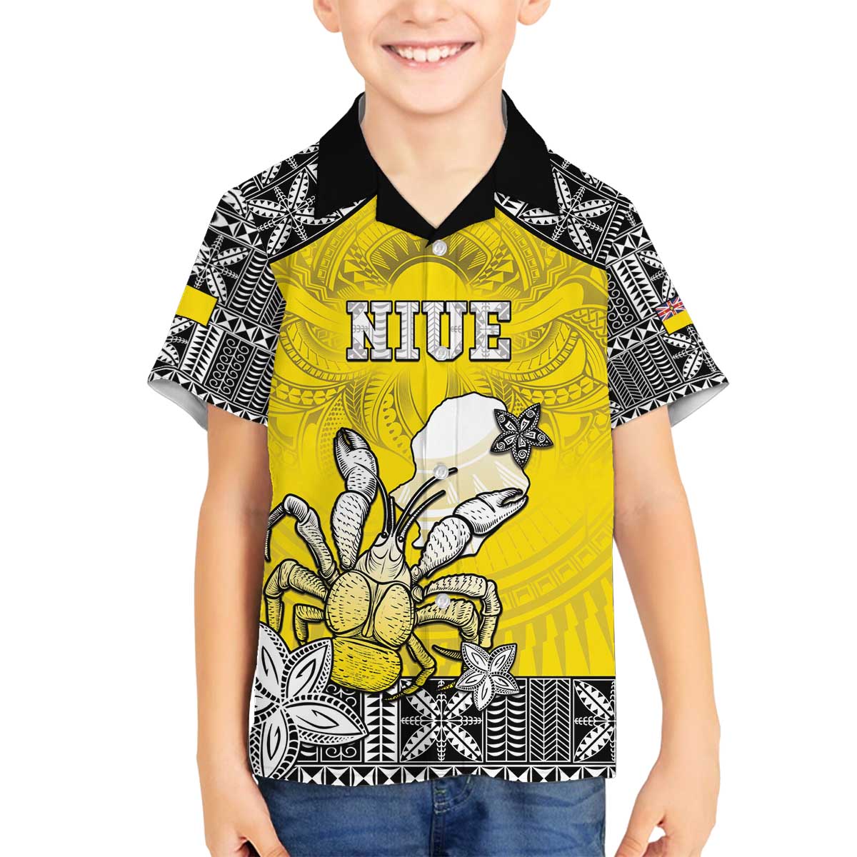 Personalised Happy Niue Constitution Day Family Matching Off The Shoulder Long Sleeve Dress and Hawaiian Shirt Niuean Crab Hiapo Pattern Yellow Version